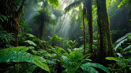 Lush green jungle with towering trees and vibrant ferns, illuminated by soft sunlight filtering through the canopy.