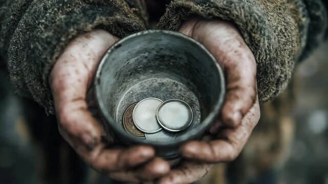 Dirty hands of a poverty beggar child holding a metal cup with small one coin inside, asking for money and hoping help. Desperate beggar concept	