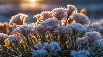 Delicate frosted flowers glimmer in the soft morning light, showcasing nature's beauty in winter.