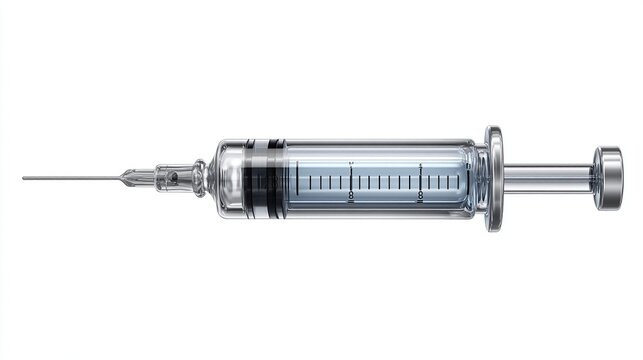 A clear, disposable syringe with a needle, horizontally aligned on white