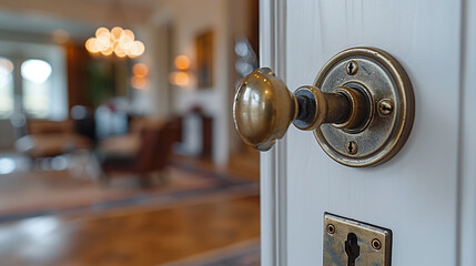 Brass doorknob on white door, blurred luxury living room background