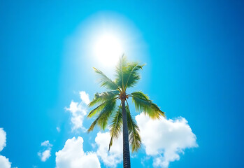 A single palm tree stands against a bright, tropical blue sky, its green leaves catching the summer sun