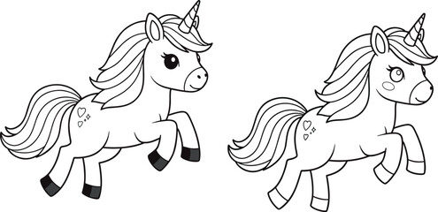 Unicorn vector illustration, black and white cartoon ponies, magical fantasy animal sketch, prancing unicorns with symbols, cute mythical creature drawing