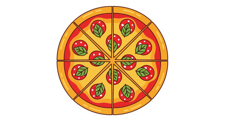 Vector illustration of topdown view of a whole pizza cut into eight slices, topped with pepperoni and basil