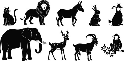Animal silhouette vector, black and white wildlife icons, domestic and wild animals, cat lion donkey rabbit goat deer monkey, nature sketch illustration