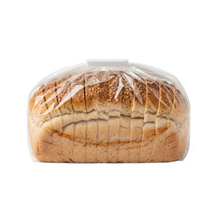 Photo of a loaf of sliced whole wheat bread with seeds, packaged in clear plastic, isolated on transparent background