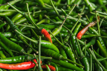 fresh green chilies selling at the dry market or fresh market fruit and vegetable stall