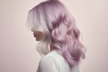 Fototapeta premium A side profile of a woman with vibrant, lavender-toned, wavy hair against a soft backdrop.