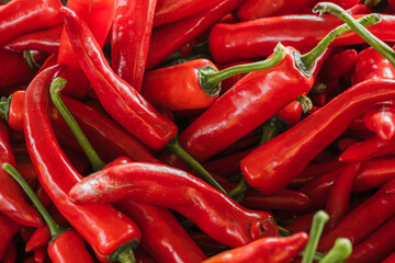fresh red chilies selling at the dry market or fresh market fruit and vegetable stall