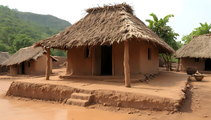 Fototapeta premium A traditional african village with mud huts and straw roofs in a rural setting