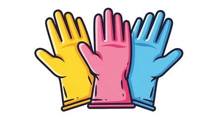 Obraz premium Keep your hands happy with these colorful cleaning gloves in yellow, pink, and blue, perfect for home protection and sanitation projects.