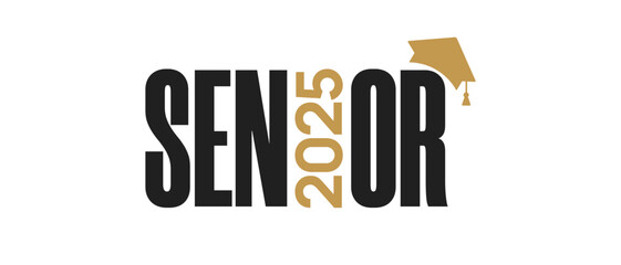 Senior class of 2025. Golden number with education academic cap on white background. Graduation design frame, high school logo, icon, college congratulation graduate, yearbook. Vector illustration.