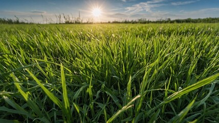 Fototapeta premium A vibrant green grass field at sunset, capturing the essence of nature's tranquility and beauty.