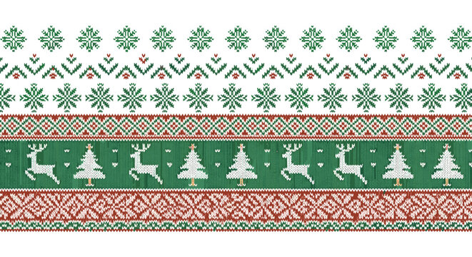Fototapeta Festive scandinavian inspired holiday pattern featuring snowflakes reindeer and christmas trees in green red and white tones