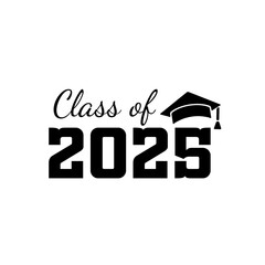 Class of 2025. Black number with education academic caps. Template for graduation design, high school or college congratulation graduate, yearbook. Vector illustration.
