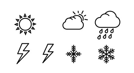 Weather forecast line icon set. Vector outline symbols for climate and meteorology, including sun, cloud, rain, lightning, and snowflake.