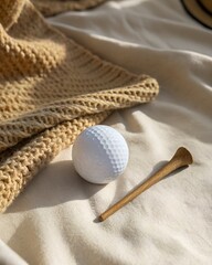A close-up of a white golf ball and a wooden tee on a soft beige fabric. The scene conveys a relaxed atmosphere, ideal for golf enthusiasts.