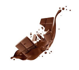 Broken chocolate bar with cocoa splash isolated on white background