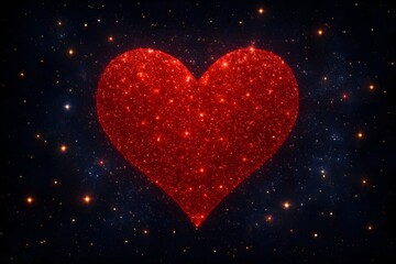 Shiny red glitter heart on dark starry cosmic background