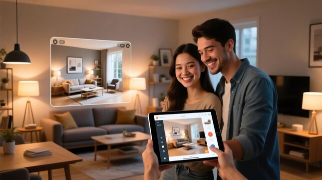 Couple viewing virtual home design on tablet - Powered by Adobe