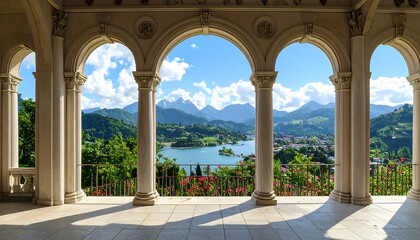 An elegant interior courtyard with arched windows showcasing a scenic lake and mountain vista