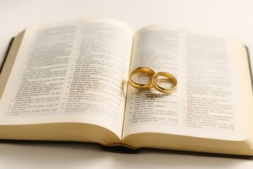 Obraz premium Traditional Wedding Rings on Open Book: Symbolic Commitment and Sacred Marriage Vows Aligned with Faith and Love