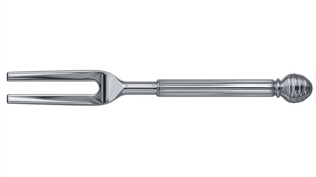Polished metal tuning fork with a rounded handle against a white background