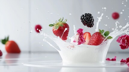A dramatic explosion of milk splashes, with juicy blackberries and strawberries suspended in mid-air
