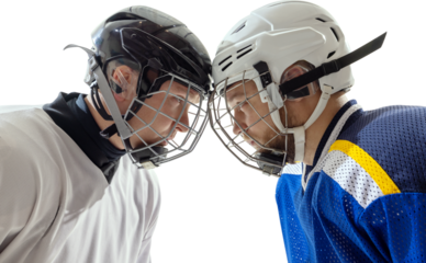 Ice hockey players facing off with helmets pressed together on transparent background. Concept of rivalry, confrontation, competition, winter sport, intensity and psychological pressure.