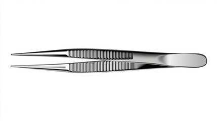 Sleek, metallic tweezers centered against white, angled tips meeting, textured grip