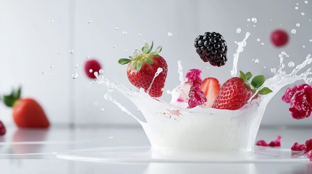 A dramatic explosion of milk splashes, with juicy blackberries and strawberries suspended in mid-air - Powered by Adobe
