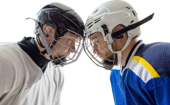 Ice hockey players facing off with helmets pressed together on transparent background. Concept of rivalry, confrontation, competition, winter sport, intensity and psychological pressure.