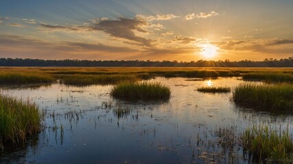 A serene sunset over a tranquil marshland, with golden rays illuminating the lush greenery and reflective waters.