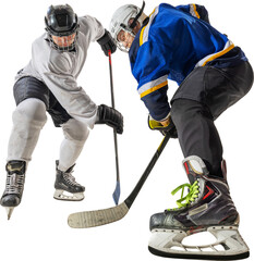Ice hockey players competing for puck in close contact duel on transparent background. Concept of struggle, rivalry, winter sport, teamwork, determination, intensity and athletic discipline.