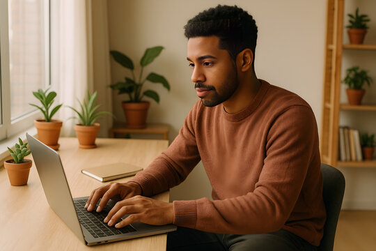 Young African American man working remotely on laptop in modern home office with indoor plants - Powered by Adobe