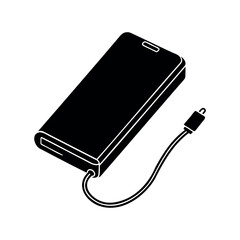 Isometric black power bank with USB cable, portable charger for devices