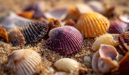 Colorful seashells on sandy beach close up with natural sunlight