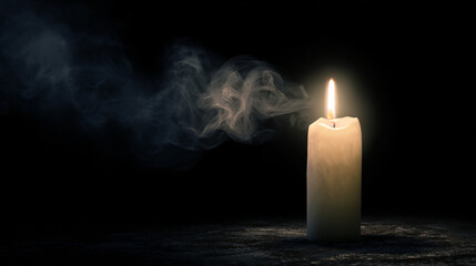 A lone candle barely burning, smoke rising, dark and emotional mood, surrounded by shadows, black background.