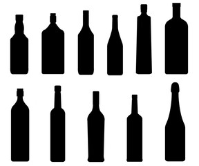 Black wine bottle silhouettes arranged in a pack on a clean white background.