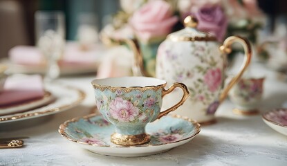 Elegant vintage floral teacup and teapot set on a refined tea table