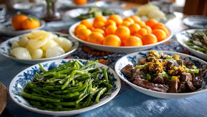 Traditional Asian meal with fresh vegetables, fruits, and meat dishes