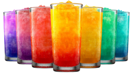 Assortment of colorful blended frozen drinks in clear glasses lined up, cut out transparent