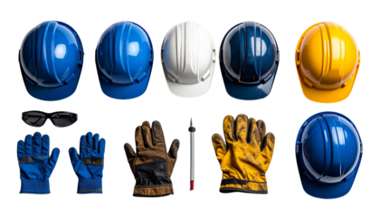 Essential Safety Gear Setup: Helmets, Gloves, and Glasses on White Background