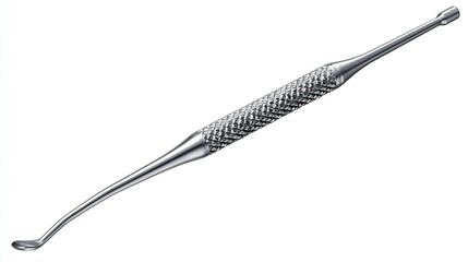 Silver metal dental tool with textured grip and rounded tips on each end
