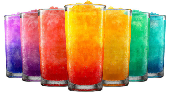 Assortment of colorful blended frozen drinks in clear glasses lined up, cut out transparent