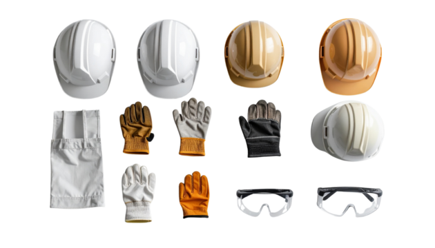 Essential Safety Gear Setup: Helmets, Gloves, and Glasses on White Background