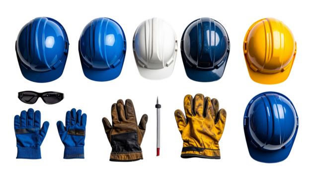 Essential Safety Gear Setup: Helmets, Gloves, and Glasses on White Background - Powered by Adobe