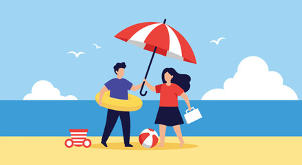 A couple enjoys a sunny day on the beach under a red and white umbrella with a yellow floaty and a beach ball