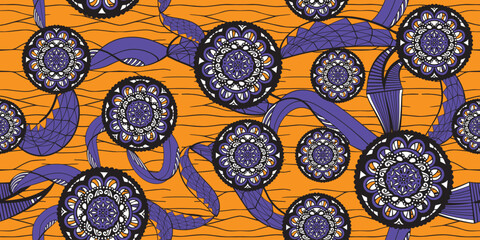 African pattern, African design purple floral, purple wave ribbon, bohemian seamless fabric style, Chitenge fabric made from Dutch wax, flower motif,Ankara beautiful flowers circle. orange blackground