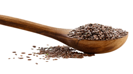Wooden spoon overflowing with flax seeds spilling onto white surface, cut out transparent